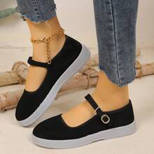 Women's Black Corduroy Mary Jane Platform Shoes - Comfortable Thick Sole Buckle Strap Casual Flats For Daily Wear - 黑與白 - 查看 4