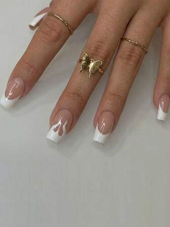 Upgrade Your Look With 24pcs Y2K Style Medium Square Shape French Tip Press On Nails Glossy White Flame Design Fit Perfectly Fake Nails Kit Full Cover False Nails Includes 1sheet Adhesive Tabs & 1pc Mini File For Daily Dating Office Home Party Women Jewelry Accessories False Nail Tips 1 File Strip Jelly Gel