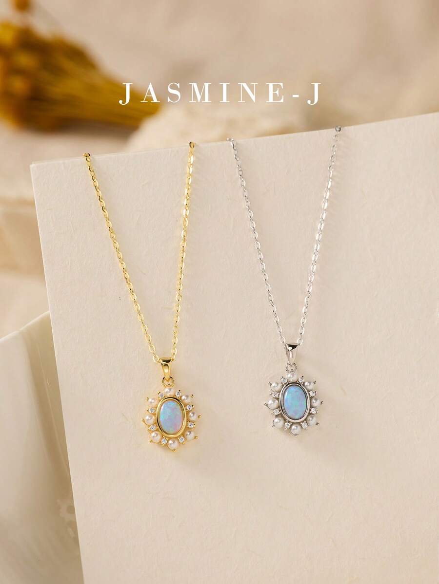 1pc 925 Sterling Silver Necklace With A Full Diamond, Pearl, And Opal Pendant. This Gold Necklace Is Sophisticated, Unique, And Simple Yet Elegant – A Perfect Valentine's Day Gift For Her.