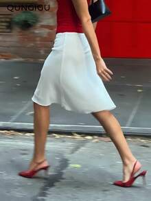 QUNGIGU Women's Silky Satin Skirt With Cute Bow Detail, Lace Waistband, Flowy A-Line Skirt, Elegant Casual Outfit For Date, Holiday - White - View 3