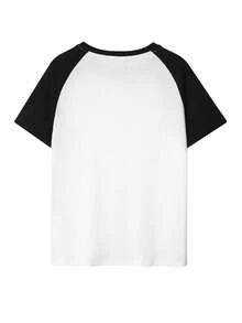 夏季新款 Z-Gen Y2K 女式印花圆领撞色插肩短袖 T 恤 - 黑與白 - 查看 6