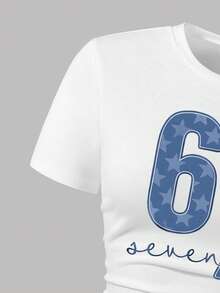 少女卡通印花短袖上衣和牛仔裙套装 - 白色 - 查看 4