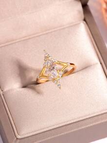 1pc Fashionable Luxurious Copper Inlaid Cubic Zirconia Geometric Rhombus Women's Ring, Sparkling Atmosphere Finger Accessory, Suitable For Daily Wear And Gifting - Multicolor - View 4