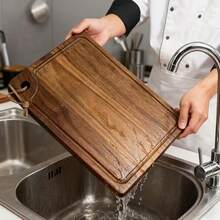 3-Piece Wooden Cutting Board Set, Large/Medium/Small, Grooved Wooden Chopping Board, Portable Hanging Hole Design, Kitchen Cutting Board, Multi-Purpose Hardwood Board, Outdoor Fruit Board, Suitable For Hotel, Home, Outdoor, Camping - Brown - View 3