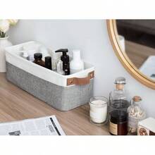 Narrow Storage Bins, Small Basket For Bathroom, Closet And Shelves, Fabric Organizer With Handles, Toilet Paper Storage, Gray And White, 2Pack - 15Lx6Wx5H|GrayandWhite - View 5