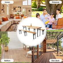 Folding Beer Garden Set 220 Cm, 3 Pieces: 1 Folding Table + 2 Benches, Weather-Resistant Solid Pine, Space-Saving, Supports Up To 200 Kg. - Natural Wood Color + Metal + 220cm - View 2