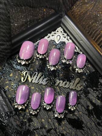10 st akryl press-on naglar fyrkantiga naglar, lila cat-eye, svart fransk, 3D stereo diamanter nageltillbehör dekoration, Y2K-stil bärbar nagelkonst set, akryl nageltillbehör lämplig för kvinnor och flickor för festivaler, dagligen, sammankomster, fester och ceremonier (inkluderar: en bit gelélim och en friktionsremsa) nageltillbehör