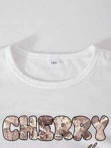 2 piezas Conjunto de pantalón de camuflaje y blusa de manga larga con estampado de letras para niñas - Blanco - Ver 4