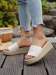 Women's Wedge Heel Rope Peep Toe Sandals, Thick Sole Platform Slip-On Slippers For Summer Outdoor Wear - Beige - View 5