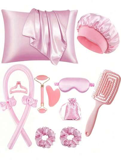 13/10/8/5/1 Piece Pink Sleep Hair Styling Tool Set, Includes Curling Iron, Face Massager, 1 Silk Pillowcase, Large Hair & Skin Care Set, No-Heat Silk Hair Curler, Night Hair Curler, 1 Soft Sleep Eye Mask, Ladies Face Massage Roller, 1 Comb, Hair Care Products And Accessories, Hair Styling Tool Set, Curling Products, Travel Essentials, Christmas Gift, Gift For Her