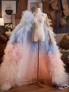 Velo de novia con cola larga, al estilo europeo y americano, accesorio de vestido formal de alta gama para fiestas de Año Nuevo, desfiles de moda, actuaciones y accesorios del Día de San Valentín - Rosa Pálido - Ver 4