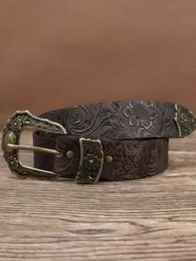 Boho Western Cowboy Style Carved Buckle Solid Color Embossed PU Leather Belt, Coffee Color Punk Belt, Suitable For Pants, Skirts, Coats, Sweaters, Western Style, Fit For Street, Party, Music Festival, Plus Size, Christmas - Bronze (bronze Buckle) - View 6