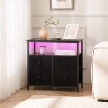 Owii Mesita de Noche Moderna con Carga y 4 Cajones de Tela, Nochero LED 3 Niveles con Estantería,Mesa Auxiliar de Madera para Dormitorio, Sala u Oficina 62*30*60CM (Negro) - Marrón - Ver 1