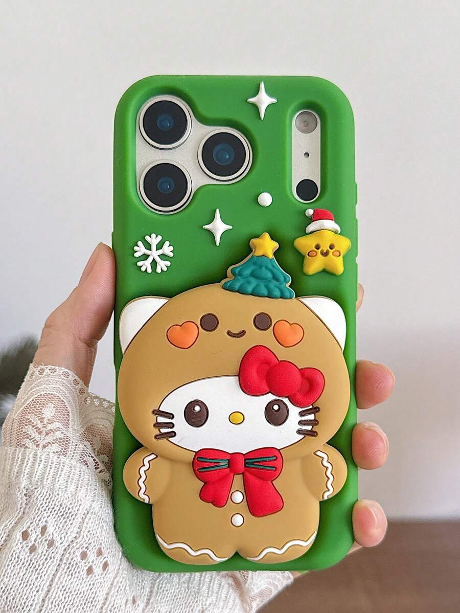 Sanrio 1pc Cartoon Stand Christmas KT Cat Phone Case Compatible With Apple 12/13/14/15/16/17/Pro Max - Green - View 1