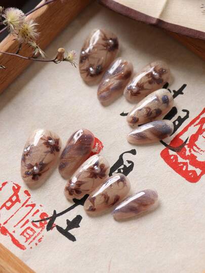 10pcs Cat Eye Flower Halo Pearl Style Short Fake Nails, Office Daily Wear Artificial Nails Kit Includes 1 Glue Sheet And 1 Mini File