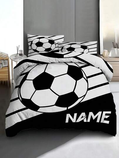 2/3pcs Name Text Customization Black & White Soccer Ball Bedding Set, Sports Dynamic Style Bed Sheets Set, With 1 Duvet Cover And 1-2 Pillowcases, King-Size Bedspread, Bed Sheet, Soft Skin-Friendly Polyester, Machine Washable, Dry Clean.