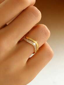 2pcs/Set Minimalist Rhinestone Wavy Design Stackable Rings, Versatile Accessory, Holiday Gift - Multicolor - View 6