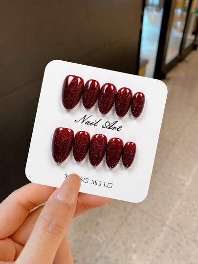 Enhance Your Temperament With 10 Pieces Of Sparkling Wine Red Acrylic Almond Shaped Nail Art Patches, Wearable Nail Art, Short Almond Shaped Nail Art, And Quick Nail Art,