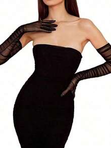 2PCS Black Gloves Opera Gloves Women's Goth Tulle Extra Long Gloves, Black Elastic Lace Mesh, Semi Transparent Opera Halloween Dinner Gloves Solid Elegant Bridal Gloves For Wedding Part Halloween Accessories Winter Glovesy2k Wedding - 黑色 - 查看 6