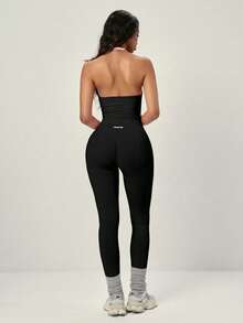 Women's One Set Fashion Stacked Collar Design Short Cropped Elastic Camisole & Pants Sportswear Set, Solid Color Versatile Spaghetti Strap Casual Backless Minimalist Camisole & Pants Workout Sets For Women, Running, Fitness, Yoga, Outdoor Activities Black - 黑色 - 查看 6