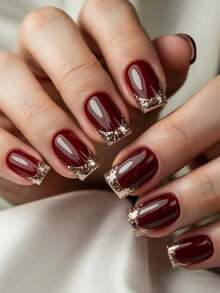 24片金色闪粉红色法式美甲贴纸，人造指甲，美甲用品，Y2K美甲 - 酒紅色 - 查看 8