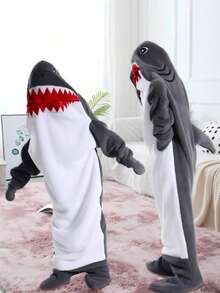 鲨鱼连帽毯 柔软法兰绒鲨鱼睡袋沙发毯，新款卡通动物可爱趣味睡袋，成人尺寸，动物睡衣，圣诞派对睡衣，可穿戴鲨鱼连帽毯，超柔软舒适的鲨鱼服装 - 彩色 - 查看 3