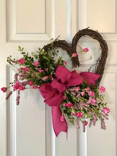 1pc Heart-Shaped Lavender Wreath | Pink Valentine'S Day Wreath For Front Door, Window, And Wall Decor, Country Cabinet Heart Decor For Spring And Summer Indoor And Outdoor Use