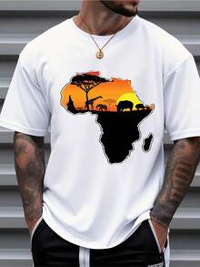 Camiseta holgada para hombre con gráfico del mapa de África y estampado de animales y puesta de sol, de corte holgado y manga corta, para uso casual y de calle en verano - Blanco - Ver 6