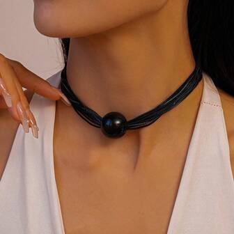 1pc Black Braided Rope & Bead Necklace, Minimalist Chic Style Jewelry, Suitable For Party, Daily Wear (OPP Bag Packaging)