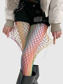 1 Pair New Rainbow Fishnet Socks And Pantyhose, Large Mesh Fishnet Socks, Personalized Silk Socks, Hollow-Out Socks, Colorful Mesh Socks, Y2K Style Socks, Sexy Punk Pantyhose, Suitable For Daily Wear - Multicolor - View 10