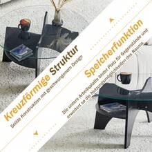 Modern Round Side Table In Durable Glass - Ø 80 Cm, Multifunctional Design. Compartment-Shaped Structure. MDF Table Legs With A Black Wood Finish. Ideal For Dining Room, Living Room, Office, Etc.