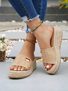Women's Wedge Heel Rope Peep Toe Slippers, Thick Sole Platform Sandals For Summer Outdoor Wear - Khaki - View 4