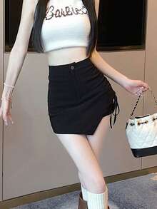 高腰A字迷你裙，时尚显瘦，适合夏季穿着 - 黑色 - 查看 3