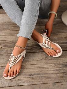 Dép xỏ ngón nữ mùa hè mới, màu trơn, làm thủ công, đính hạt, kiểu dáng Bohemian, thoải mái, đa năng, thời trang cho kỳ nghỉ. - Màu be - Xem 4