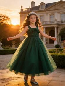 花朵泡泡纱长裙，年轻女孩演出礼服 - 墨綠色 - 查看 6