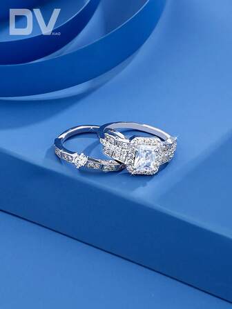 DV JEWELRY 一对奢华闪耀立方氧化锆戒指，优雅珠宝礼品，适合女士佩戴，可用于约会、婚礼、周年纪念等场合，附赠礼盒