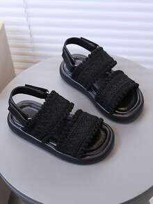 1 Pair Girls' Lace-Trim Roman Sandals, Soft Sole Comfortable Casual Flat Beach Shoes, Summer - Black - View 4