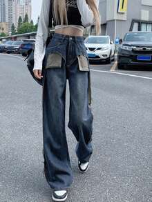 时尚直筒宽松牛仔裤，适合女士春秋季穿着 - 藍色 - 查看 5