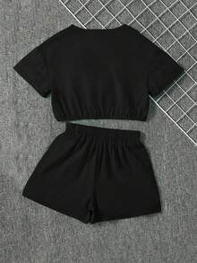 Girls Letter Print Loose Short Sleeve T-Shirt And Shorts Set, Featuring Simple Korean Style Round Neck Design, Fashionable Cropped Design, Suitable For Summer Wear - Black - View 2