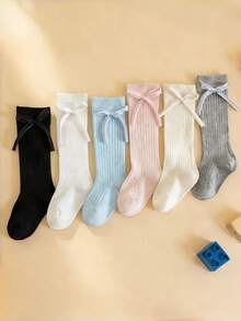 1/6 Pairs Girls Princess Style Bowknot Long Socks, Soft Breathable Elastic, Versatile For All Seasons Daily Party Wear - Multicolor - View 2