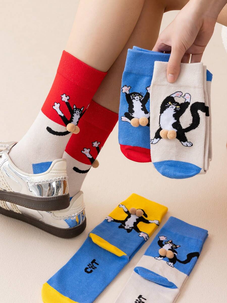 1 Pair Women's Funny Socks With Cartoon Cat & Egg Pattern, Novelty 3D Amusing Socks, Unisex, Great Gift For Holidays And Daily Wear - Multicolor - View 1