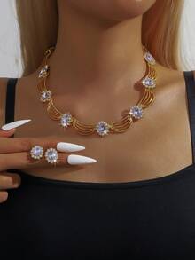3件套不规则设计新娘女士时尚水晶项链套装，性感珠宝套装，适合婚礼、送礼、派对。