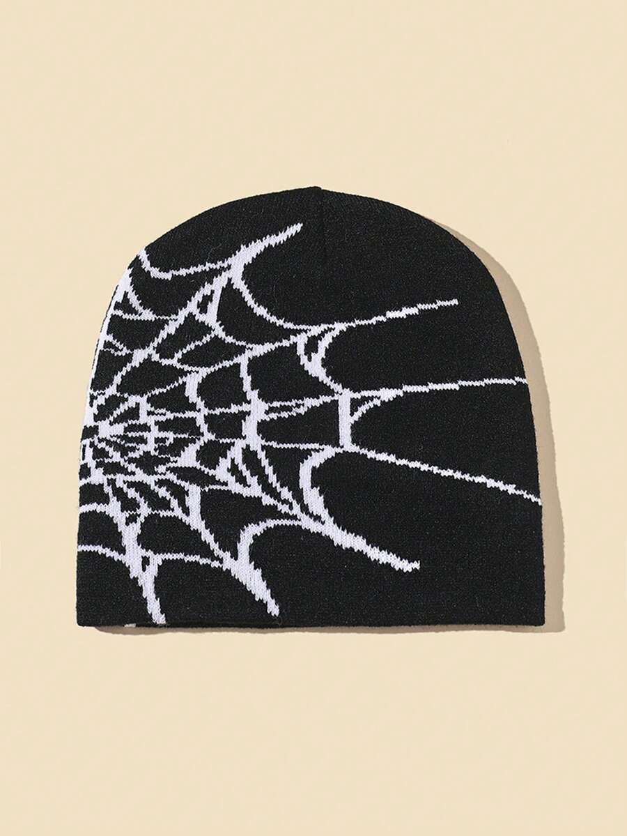 1pc Fashion Spider Web Jacquard Knit Beanie, Warm & Versatile For Autumn/Winter - Black and White - View 1