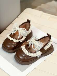 New Girls Gentle Style Small Leather Shoes With Lace Pearl Bow, Soft Sole Anti-Slip Princess Shoes, Versatile For Spring And Autumn, Student Shoes - Coffee Brown - View 3