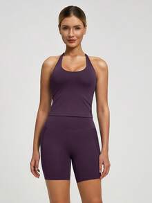 1套女士交叉绑带露背弹力吊带背心和短裤运动服套装 - 紫色 - 查看 2