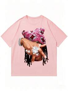 男士宽松圆领短袖印花T恤 | 精致设计 | 夏季必备 | 易于搭配 - 粉色 - 查看 3