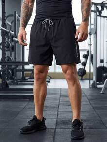 男士运动短裤，男友风，夏季及膝短裤，简约弹力印花裤，抽绳带口袋，适合跑步、健身、篮球等运动。 - 黑色 - 查看 4