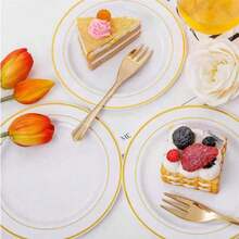 25pcs/Set White Round Plates With Gold Rim (7.5 Inches/10.25 Inches), Reusable And Washable Plates For Wedding, Party, Banquet, Valentine's Day, Thanksgiving, Christmas And Other Occasions, Banquet Tableware, Party Plates, Holiday Design, Stylish Service, Reusable Dinnerware, Easy To Clean, Serving Platters, Catering
