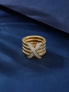 One Fashionable Copper Material Gold-Colored Twisted Letter X Design Unisex Ring Decorated With For Women - Yellow Gold - View 18