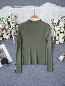 Women's Khaki Turtleneck Sweater, Metal Button Decor, Warm Knit Top For Layering, Suitable For Commute And Daily Wear, Autumn/Winter - Green - View 6